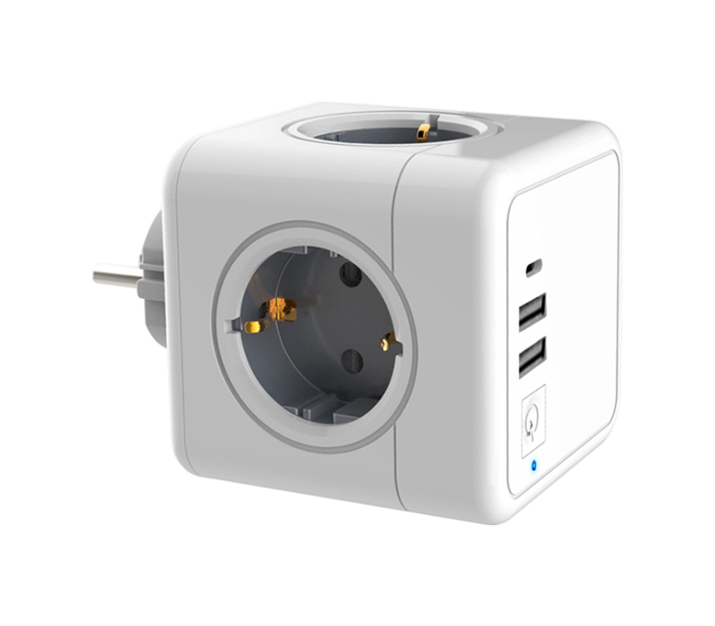 Dải nguồn hình khối plug-in E02C với 4 ổ cắm kiểu châu Âu, 2 cổng USB-A và 1 cổng USB-C