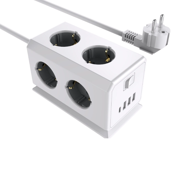 Dải nguồn đa chức năng có dây E08 với 6 ổ cắm kiểu Châu Âu, 3 cổng USB-A và 1 cổng USB-C, có công tắc