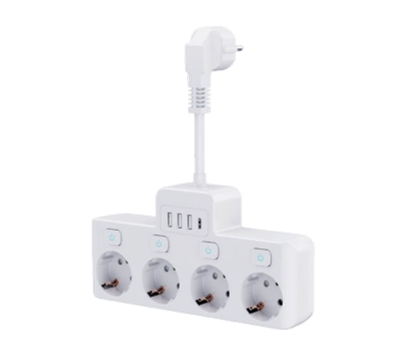 Dây nguồn có dây E14-4 với 4 ổ cắm kiểu Châu Âu, 3 cổng USB-A và 1 cổng USB-C, có công tắc độc lập