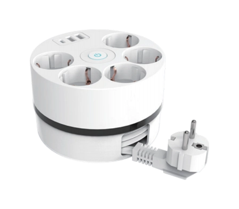 Dải nguồn cuộn cáp E18 có dây có thể thu vào, 5 ổ cắm kiểu châu Âu, 2 cổng USB-A và 1 cổng USB-C, đi kèm công tắc
