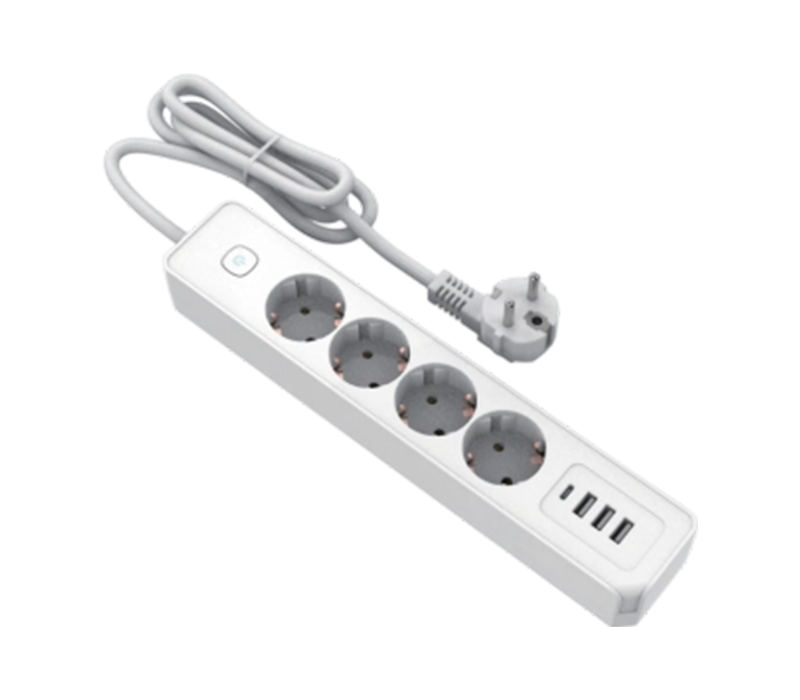 Ổ cắm điện kiểu Châu Âu E21-4 có 4 ổ cắm, 3 cổng USB-A và 1 cổng USB-C, đi kèm công tắc