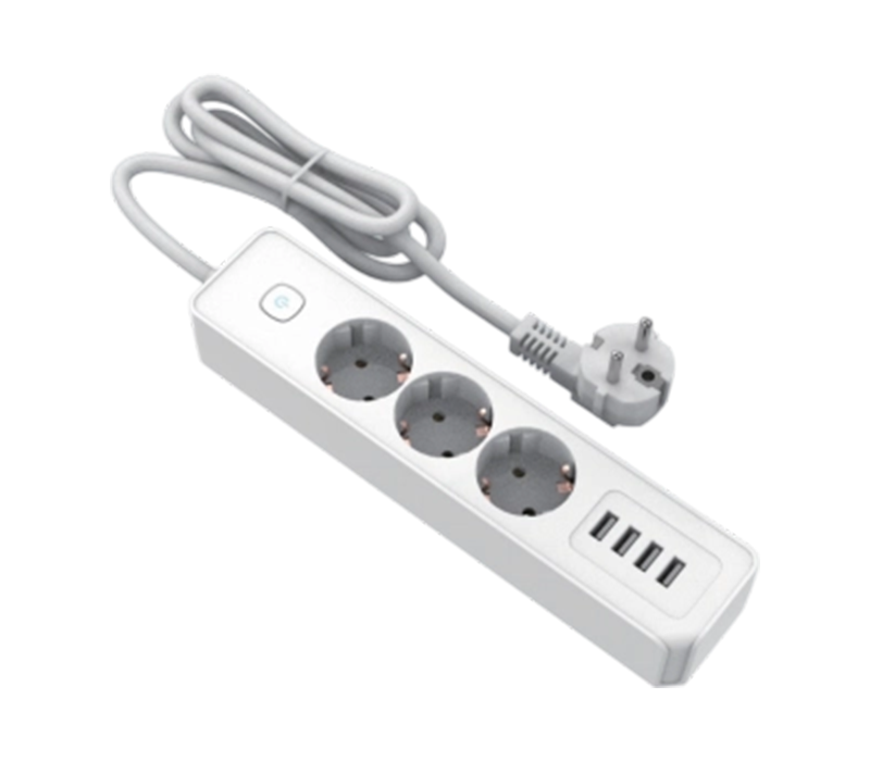 Ổ cắm điện kiểu Châu Âu E22-3 có 3 ổ cắm và 4 cổng USB-A, kèm theo công tắc