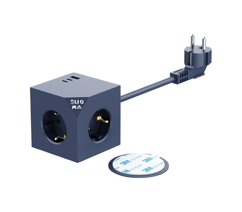 Dây nguồn hình lập phương có dây E25 với 3 ổ cắm kiểu Châu Âu, 1 cổng USB-A và 2 cổng USB-C, có miếng dán dính 3m