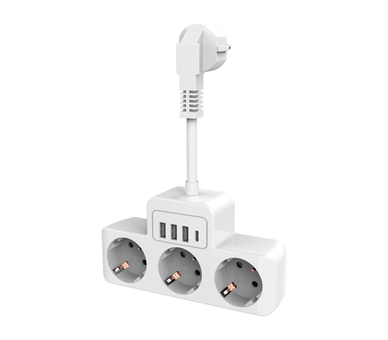 Dây nguồn có dây E13 với 3 ổ cắm kiểu Châu Âu, 3 cổng USB-A và 1 cổng USB-C