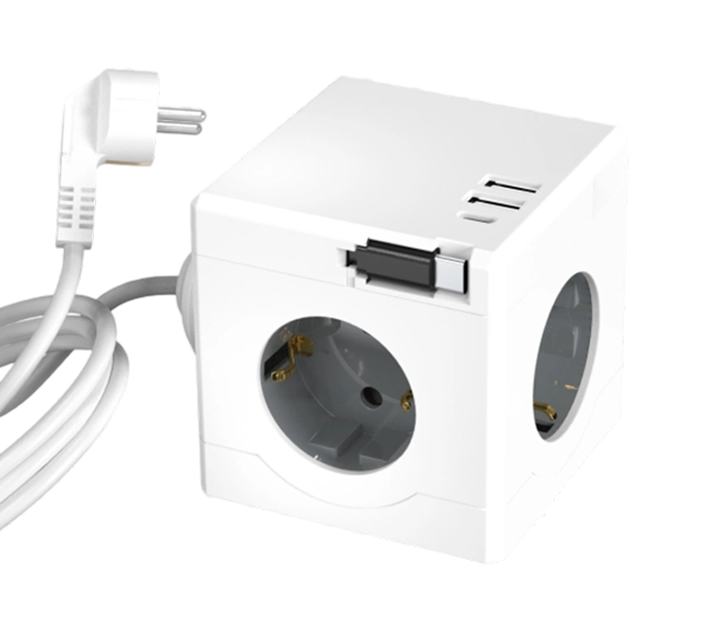 Dải nguồn dạng khối có dây E16-D với 3 ổ cắm kiểu Châu Âu, 2 cổng USB-A và 1 cổng USB-C, có cáp sạc có thể thu vào