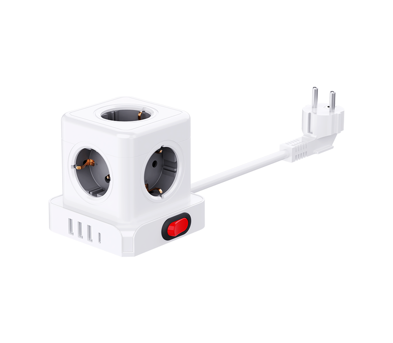 Ổ cắm điện dạng khối có dây E23 với 5 ổ cắm kiểu Châu Âu, 3 cổng USB-A và 1 cổng USB-C, có công tắc